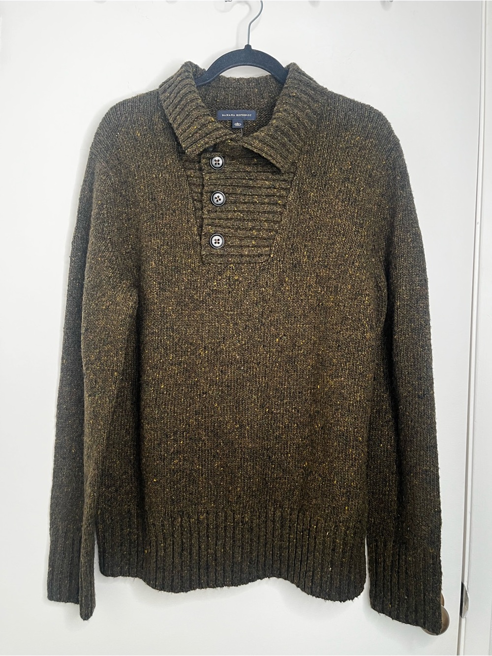 Banana Republic Men Brown ButtonFront LambsWool Blend Sweater Mock Neck L Preppy